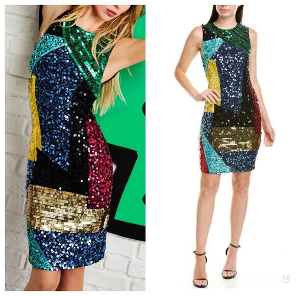 ALICE + OLIVIA Nat Colorblock Sequin Beaded Sheath Sleeveless Mini Dress Size 10 - Picture 1 of 11